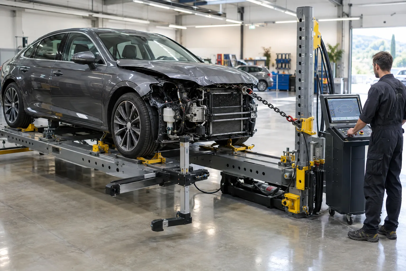 Une berline grise à l’avant enfoncé fixée sur un banc de redressage, tour de traction à chaîne et bras de mesure électronique, un carrossier au pupitre.