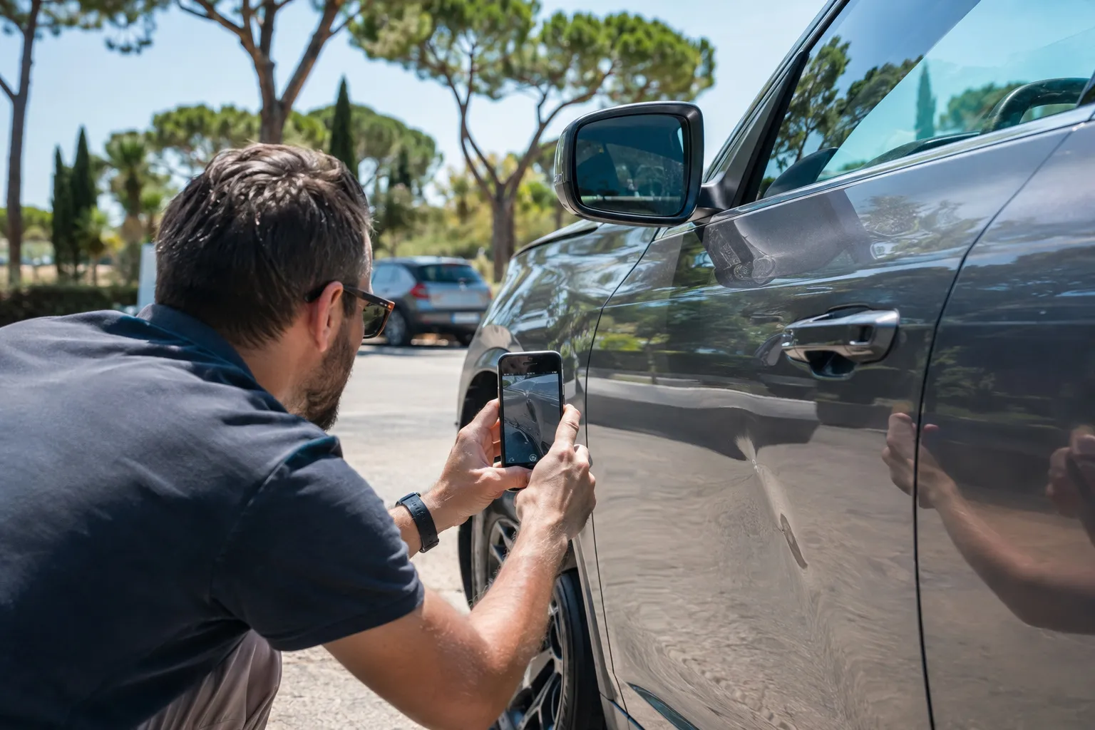 Un automobiliste photographie un impact sur sa portière avec son téléphone pour demander un devis