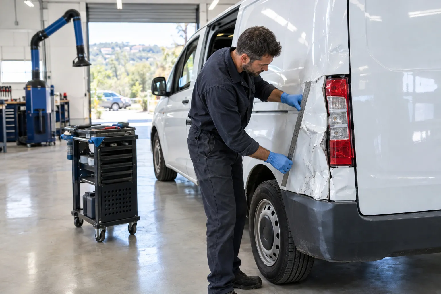 Un carrossier contrôle à la règle d’acier l’angle arrière enfoncé d’une camionnette blanche dans l’atelier.