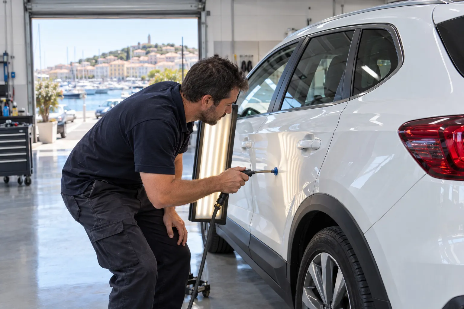 Un carrossier repousse une bosse de la portière arrière d’un SUV blanc avec une pastille de traction collée, sous une lampe à bandes, dans l’atelier ouvert sur un port de plaisance.