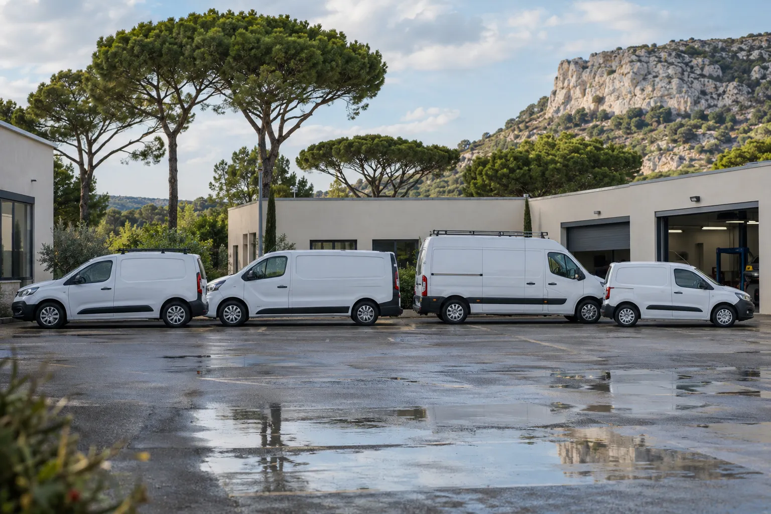 Parking d’une zone d’activité provençale : bâtiments bas à toit plat, quelques véhicules garés en ligne, pins parasols et une colline calcaire en fond.